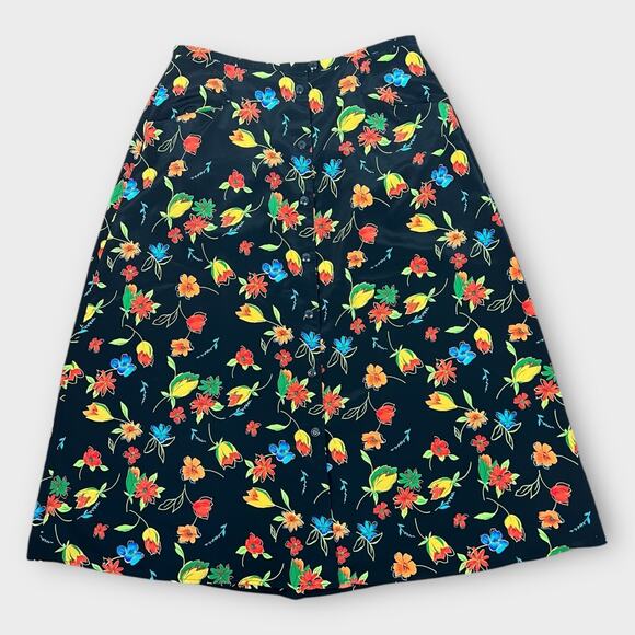 Vintage Black Colorful Floral Button Front Midi A-Line Skirt Size L/XL 14/16 - Picture 1 of 9